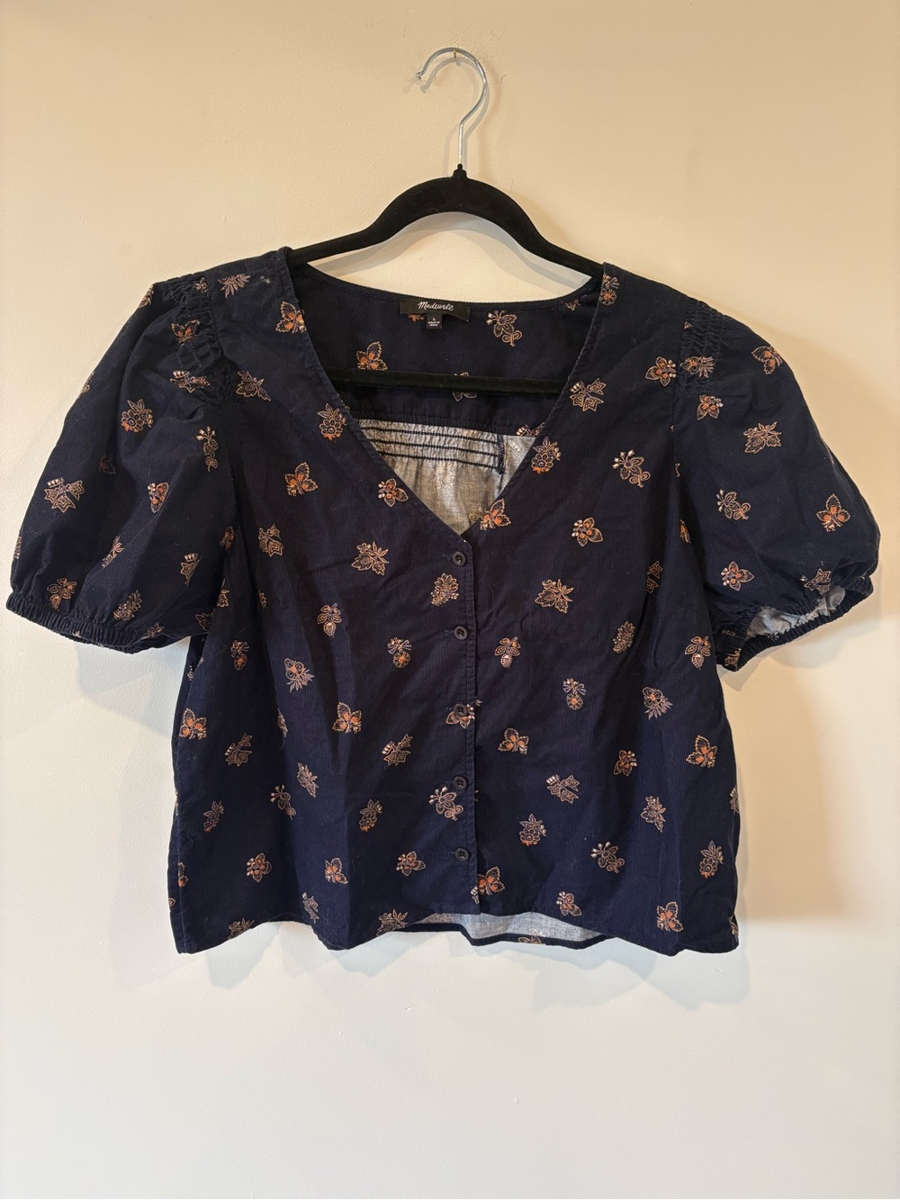 Madewell Corduroy Navy Floral Button-Front Puff Sleeve Cropped Blouse